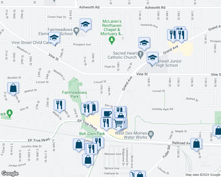 map of restaurants, bars, coffee shops, grocery stores, and more near 405 18th Place in West Des Moines