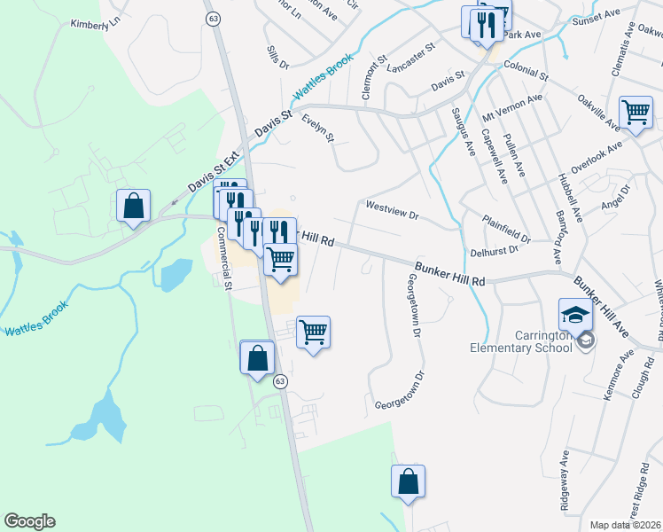 map of restaurants, bars, coffee shops, grocery stores, and more near 37 Sprucewood Road in Watertown