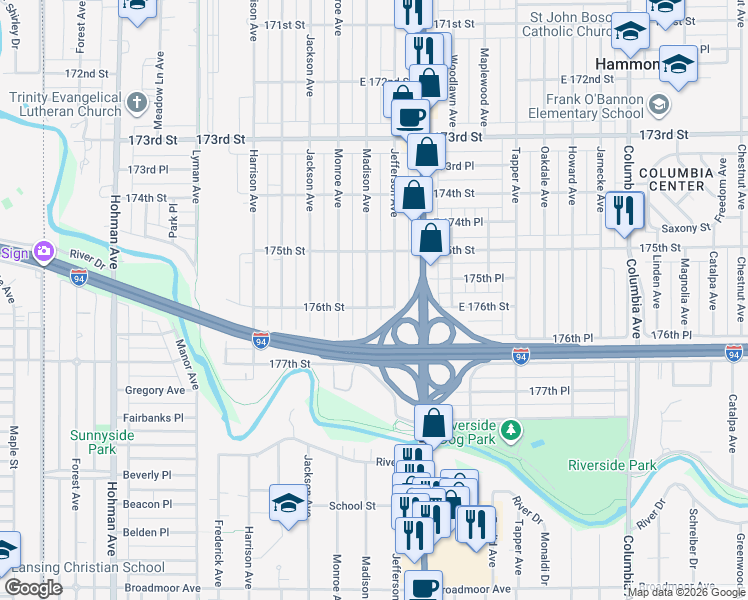 map of restaurants, bars, coffee shops, grocery stores, and more near in Hammond