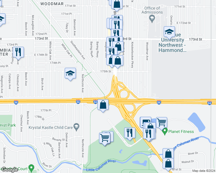 map of restaurants, bars, coffee shops, grocery stores, and more near 7565 Southeastern Avenue in Hammond