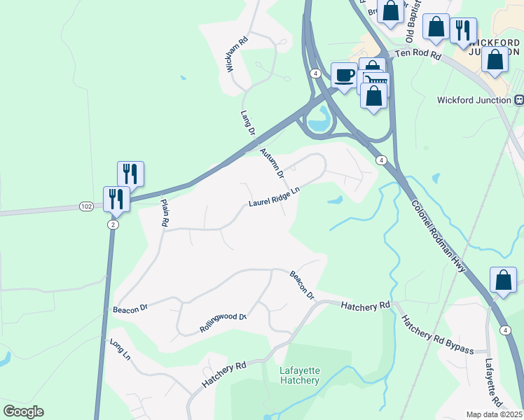 map of restaurants, bars, coffee shops, grocery stores, and more near 25 Leatherleaf Trail in North Kingstown