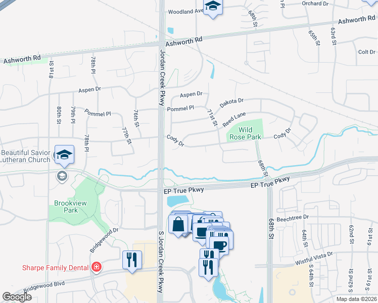 map of restaurants, bars, coffee shops, grocery stores, and more near 7156 Cody Drive in West Des Moines