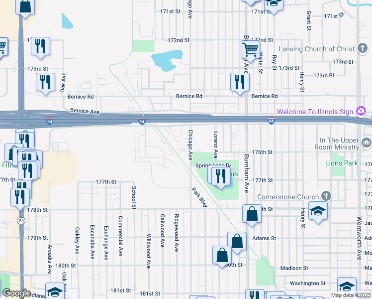 map of restaurants, bars, coffee shops, grocery stores, and more near 17560 Chicago Avenue in Lansing