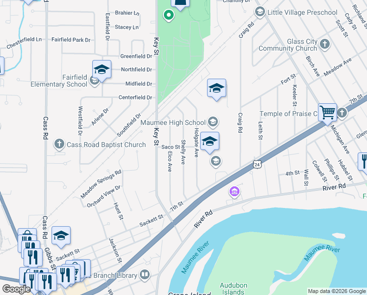 map of restaurants, bars, coffee shops, grocery stores, and more near 1198 Shelly Avenue in Maumee