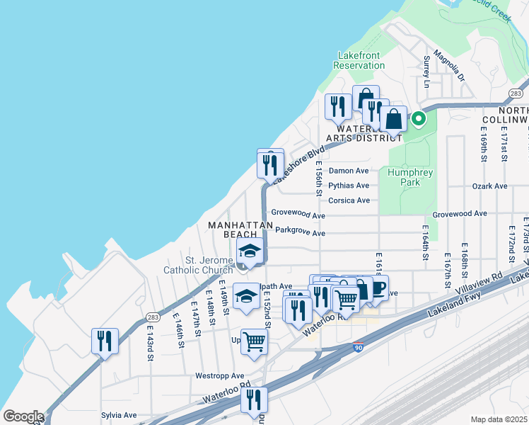 map of restaurants, bars, coffee shops, grocery stores, and more near Lakeshore Blvd & Grovewood Ave in Cleveland