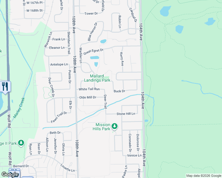 map of restaurants, bars, coffee shops, grocery stores, and more near 17304 Buck Drive in Orland Park