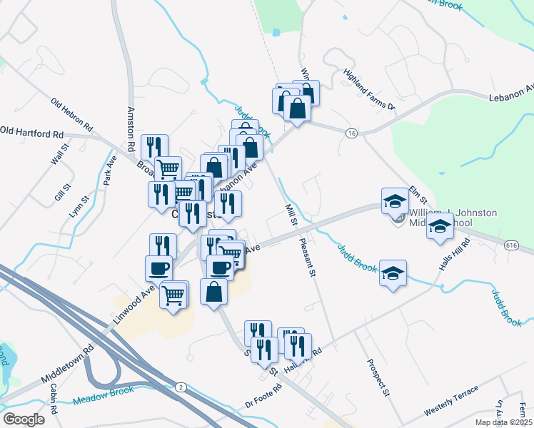 map of restaurants, bars, coffee shops, grocery stores, and more near 127 Norwich Avenue in Colchester