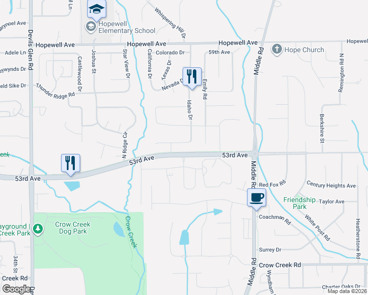 map of restaurants, bars, coffee shops, grocery stores, and more near 53rd Ave in Bettendorf