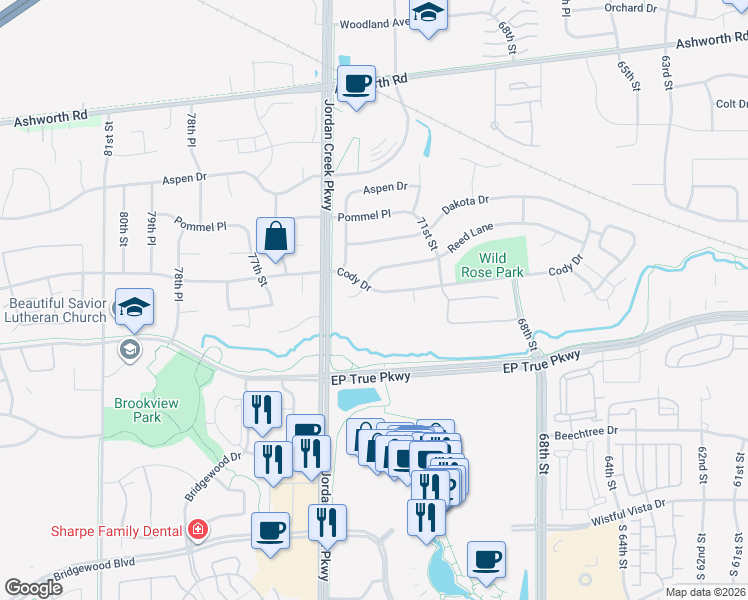 map of restaurants, bars, coffee shops, grocery stores, and more near 7156 Cody Drive in West Des Moines