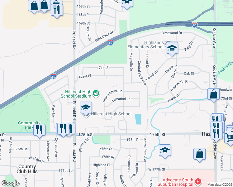 map of restaurants, bars, coffee shops, grocery stores, and more near 3626 Tamarind Lane in Hazel Crest