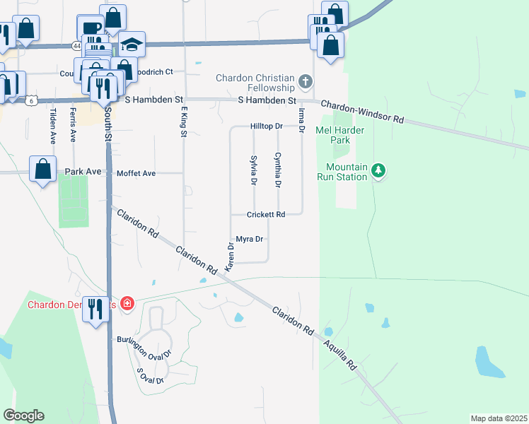 map of restaurants, bars, coffee shops, grocery stores, and more near 500 Crickett Road in Chardon