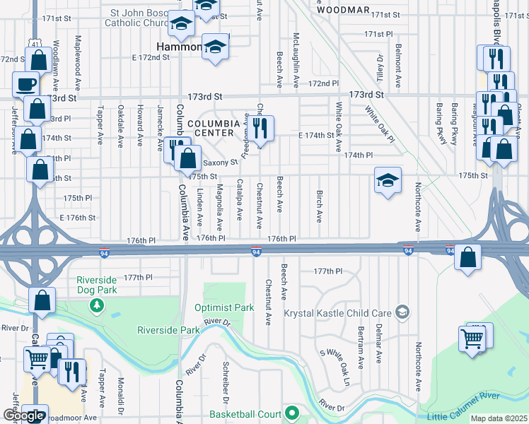 map of restaurants, bars, coffee shops, grocery stores, and more near 7547 Chestnut Avenue in Hammond