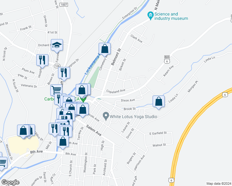 map of restaurants, bars, coffee shops, grocery stores, and more near 42 Copeland Avenue in Carbondale