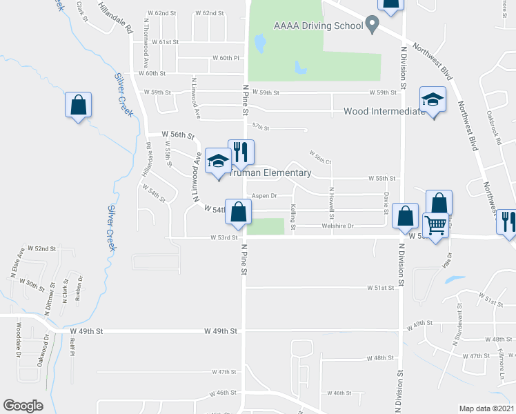 map of restaurants, bars, coffee shops, grocery stores, and more near 2222 West 54th Street in Davenport