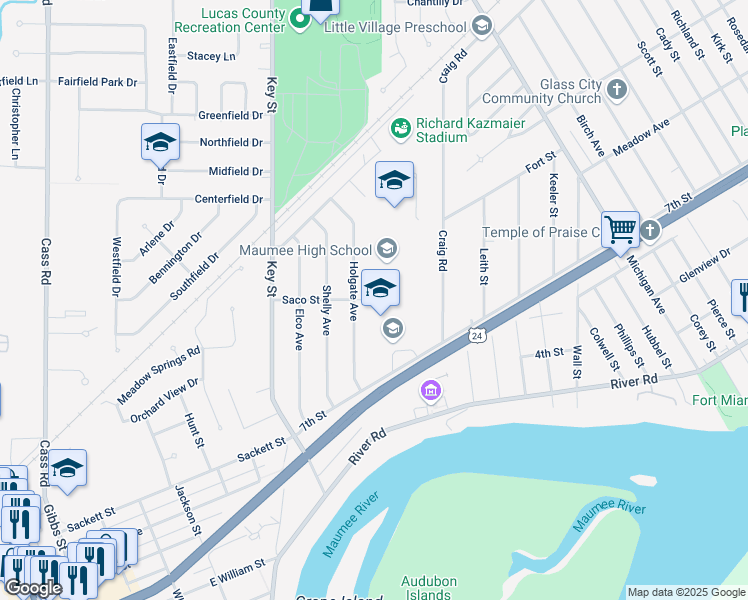 map of restaurants, bars, coffee shops, grocery stores, and more near 1147 Saco Street in Maumee