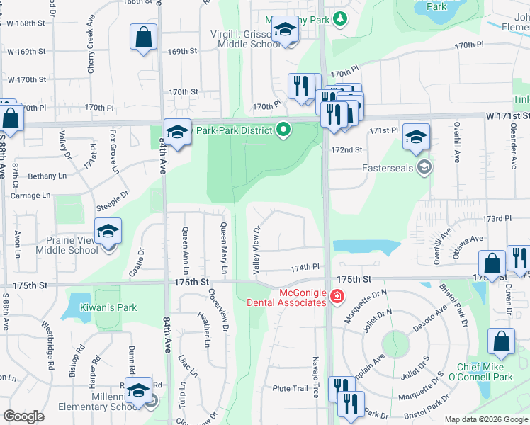 map of restaurants, bars, coffee shops, grocery stores, and more near 17319 Valley View Drive in Tinley Park