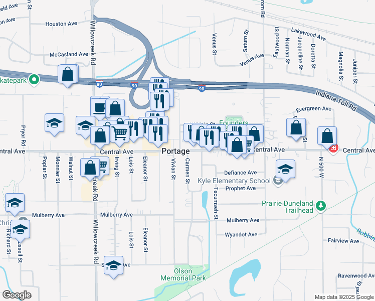 map of restaurants, bars, coffee shops, grocery stores, and more near 2600 Carmen Street in Portage