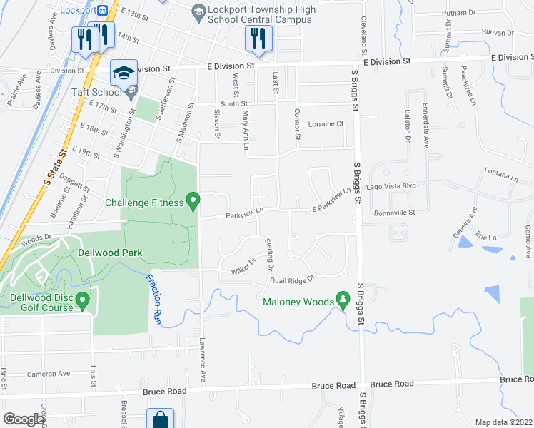 map of restaurants, bars, coffee shops, grocery stores, and more near 2106 Austrian Pine Street in Lockport