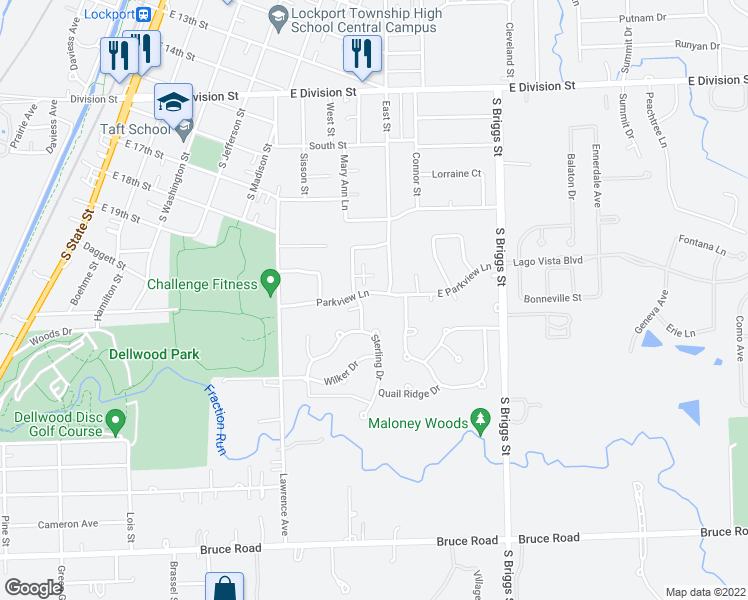 map of restaurants, bars, coffee shops, grocery stores, and more near 2106 South Austrian Pine Street in Lockport