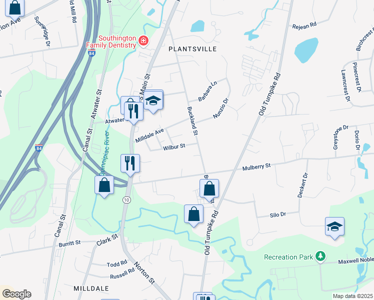 map of restaurants, bars, coffee shops, grocery stores, and more near 307 Buckland Street in Southington