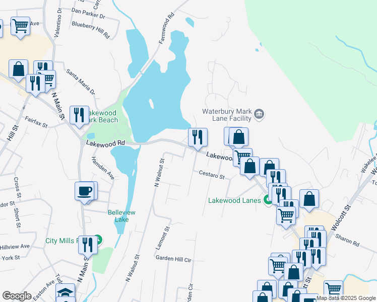 map of restaurants, bars, coffee shops, grocery stores, and more near 70 Cushman Street in Waterbury