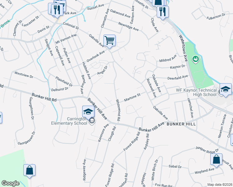 map of restaurants, bars, coffee shops, grocery stores, and more near 103 Whitewood Road in Waterbury