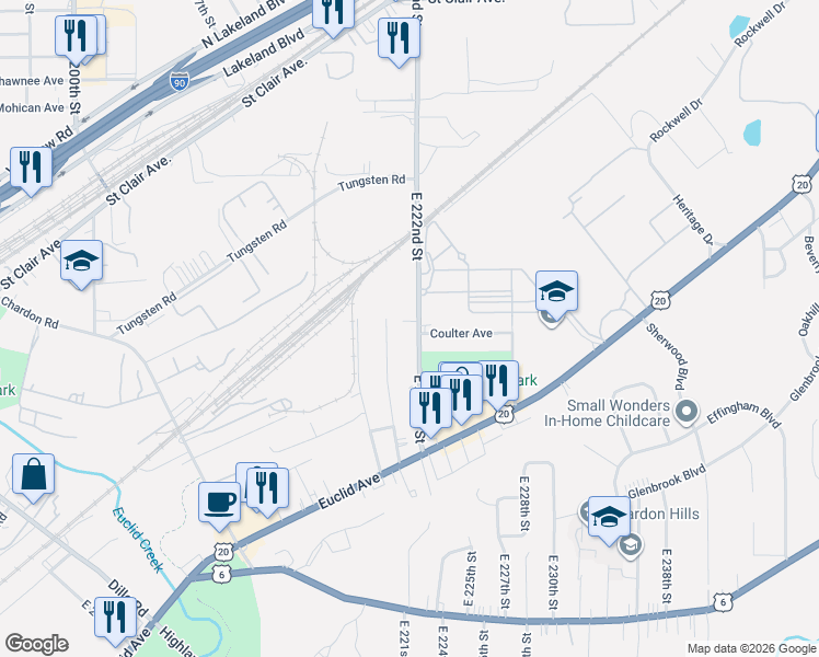 map of restaurants, bars, coffee shops, grocery stores, and more near in Euclid