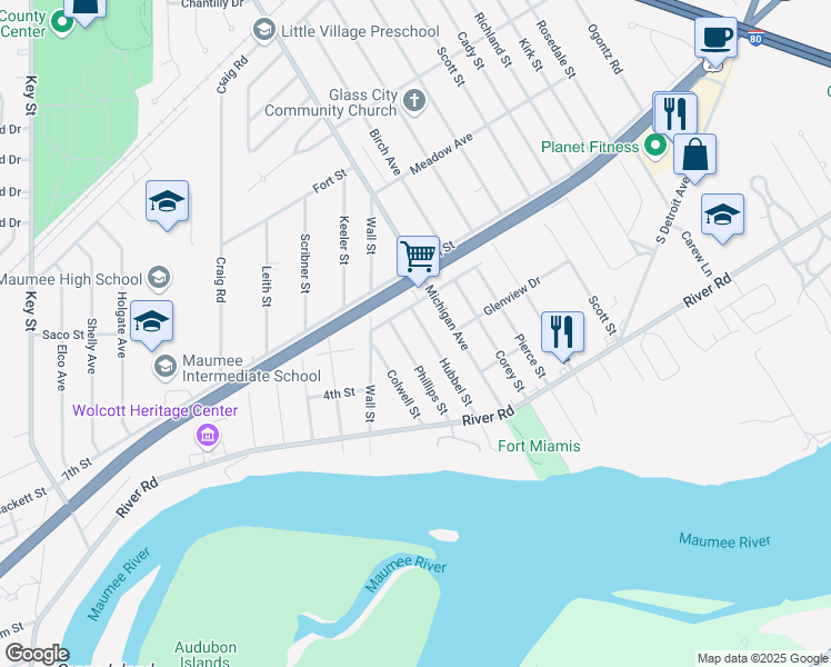 map of restaurants, bars, coffee shops, grocery stores, and more near 820 Phillips Street in Maumee
