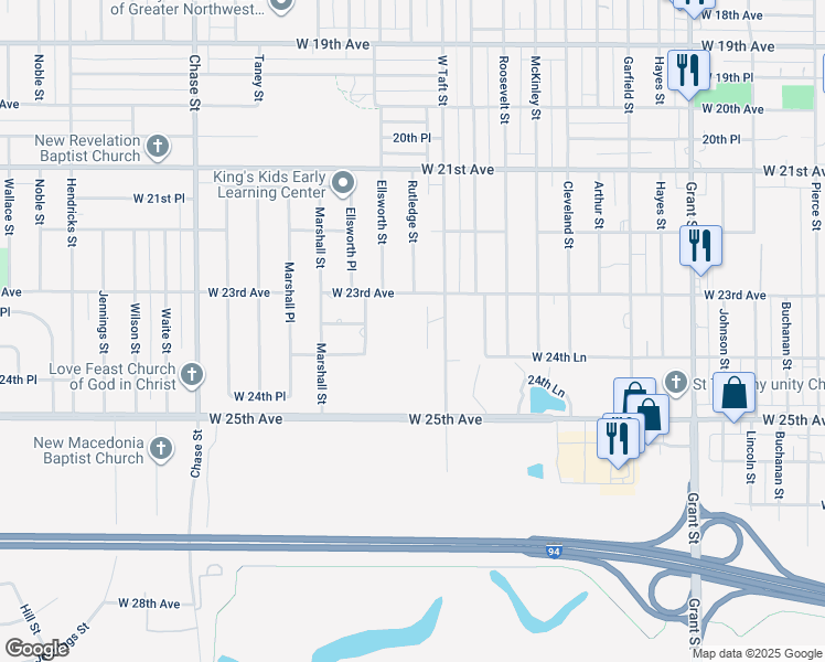 map of restaurants, bars, coffee shops, grocery stores, and more near 2382 Rutledge Street in Gary