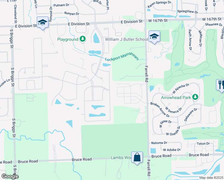 map of restaurants, bars, coffee shops, grocery stores, and more near 17105 Mendota Drive in Lockport