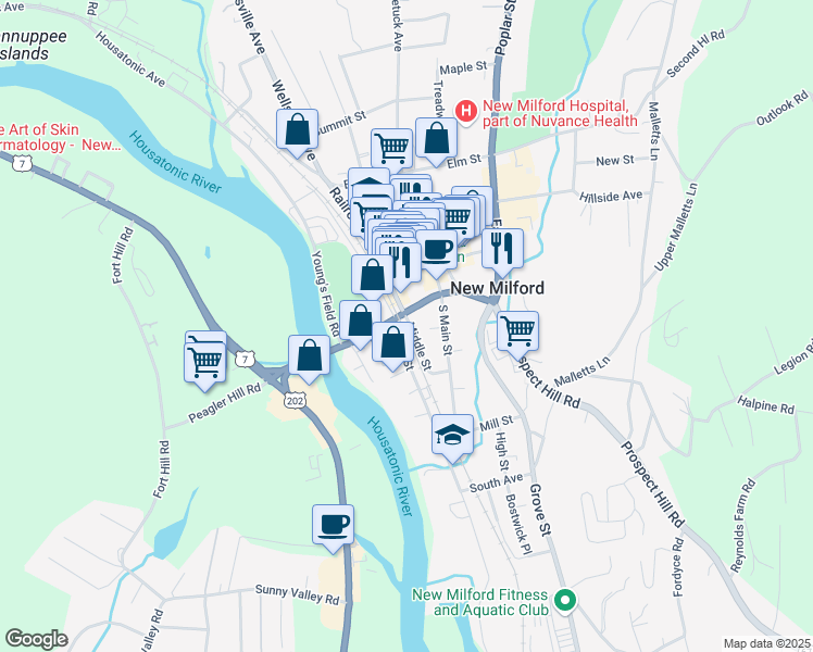 map of restaurants, bars, coffee shops, grocery stores, and more near 34 Bridge Street in New Milford