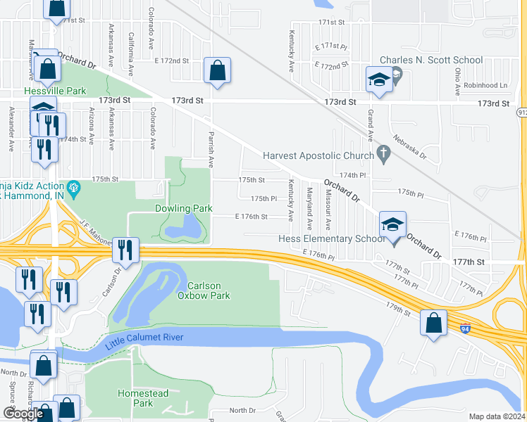 map of restaurants, bars, coffee shops, grocery stores, and more near 3315 176th Street in Hammond