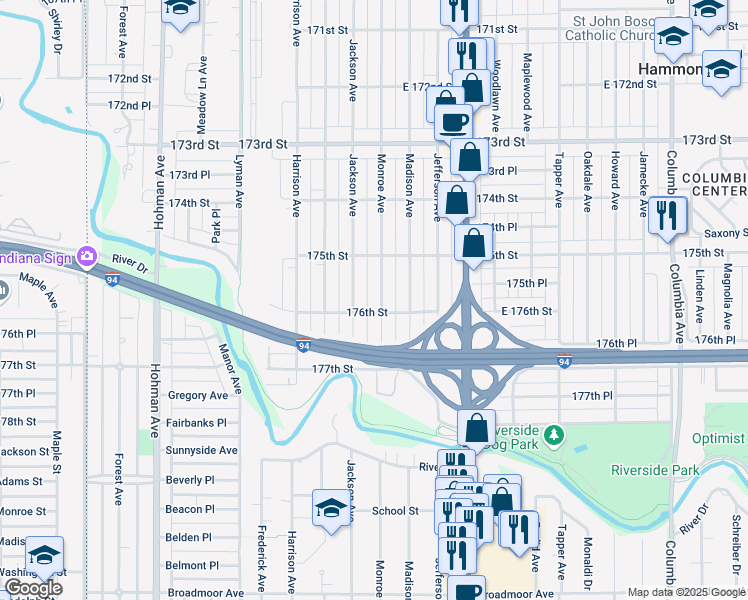 map of restaurants, bars, coffee shops, grocery stores, and more near 7542 Monroe Avenue in Hammond