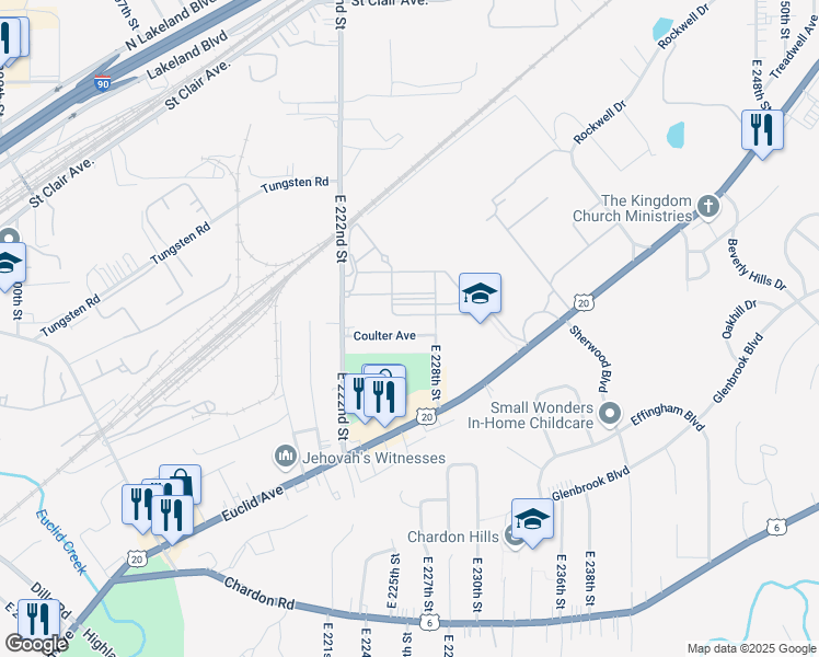 map of restaurants, bars, coffee shops, grocery stores, and more near 22700 Coulter Avenue in Euclid