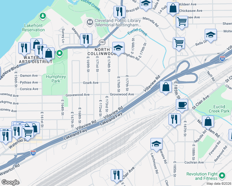 map of restaurants, bars, coffee shops, grocery stores, and more near 1184 East 176th Street in Cleveland
