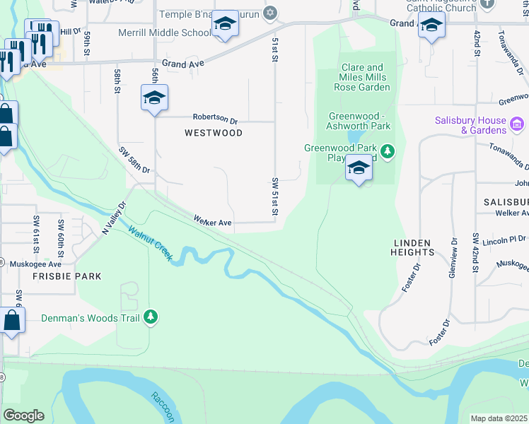 map of restaurants, bars, coffee shops, grocery stores, and more near 5105 Welker Avenue in Des Moines