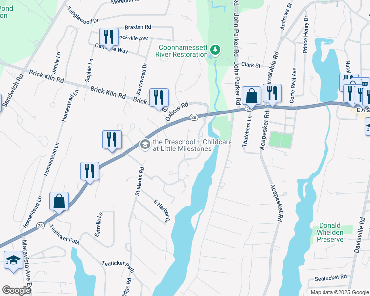 map of restaurants, bars, coffee shops, grocery stores, and more near 56 Woodland Trail in Falmouth