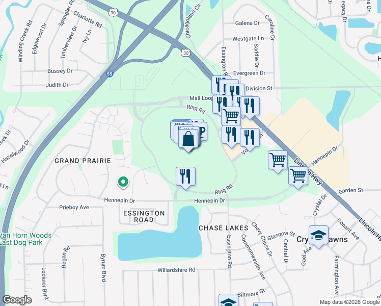map of restaurants, bars, coffee shops, grocery stores, and more near 3340 Mall Loop Drive in Joliet