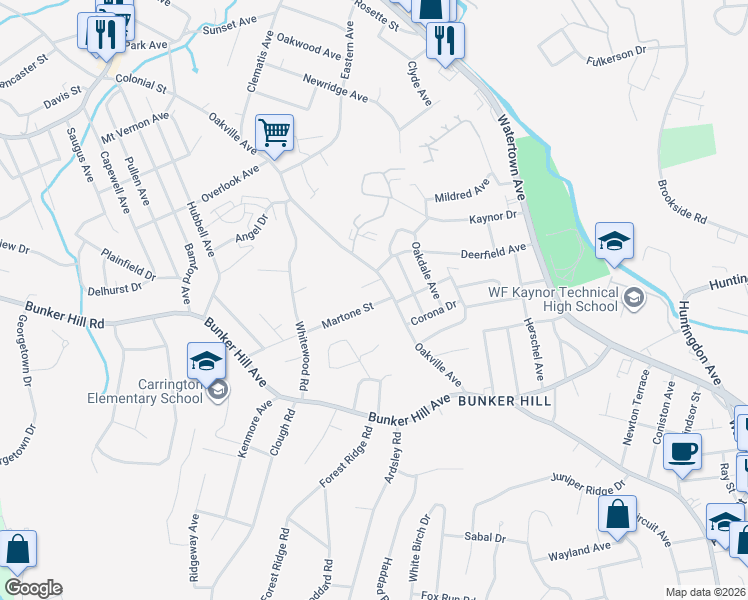 map of restaurants, bars, coffee shops, grocery stores, and more near 125 Oakville Avenue in Waterbury