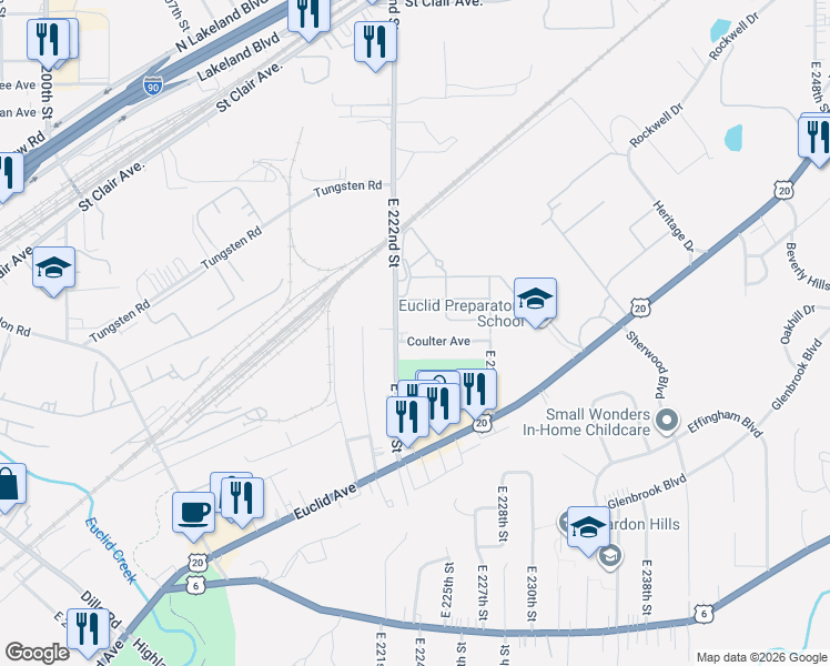 map of restaurants, bars, coffee shops, grocery stores, and more near in Euclid