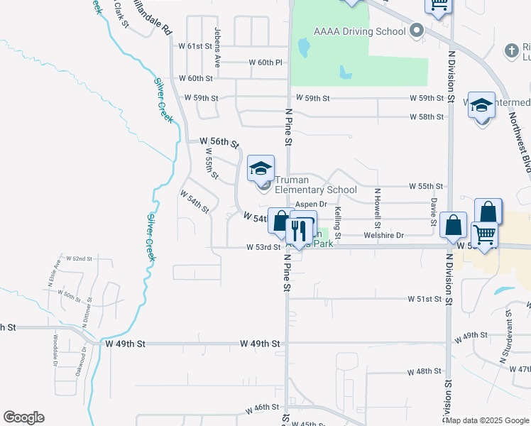 map of restaurants, bars, coffee shops, grocery stores, and more near 2348 West 54th Street in Davenport