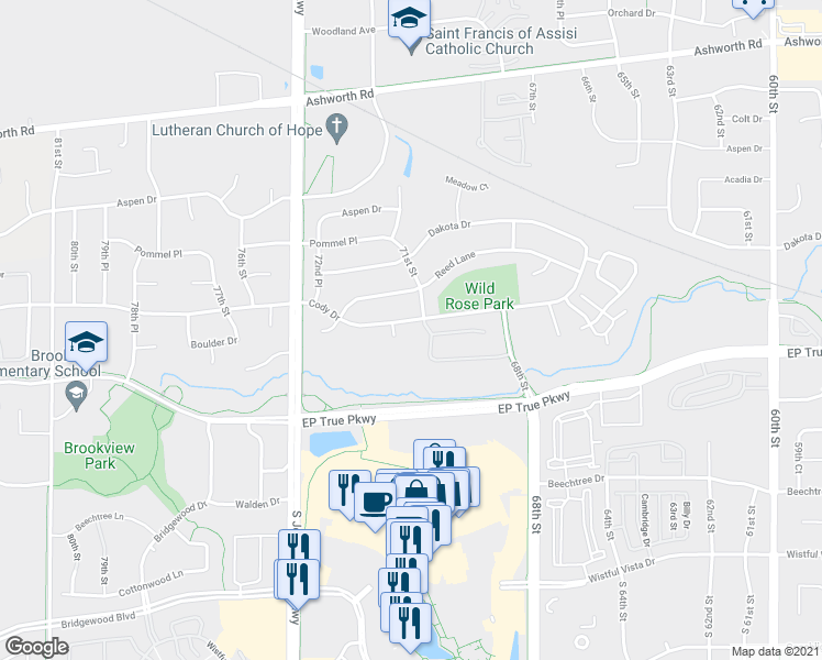 map of restaurants, bars, coffee shops, grocery stores, and more near 7060 Cody Drive in West Des Moines
