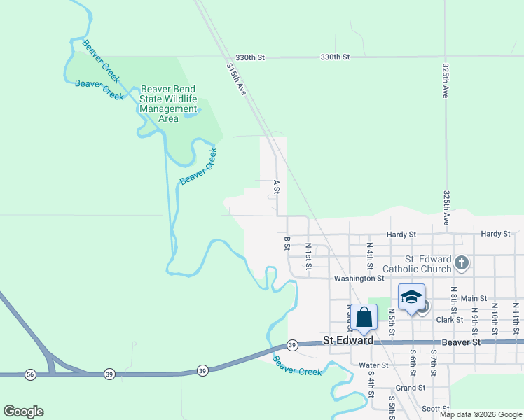 map of restaurants, bars, coffee shops, grocery stores, and more near 107 Lover's Lane in Saint Edward