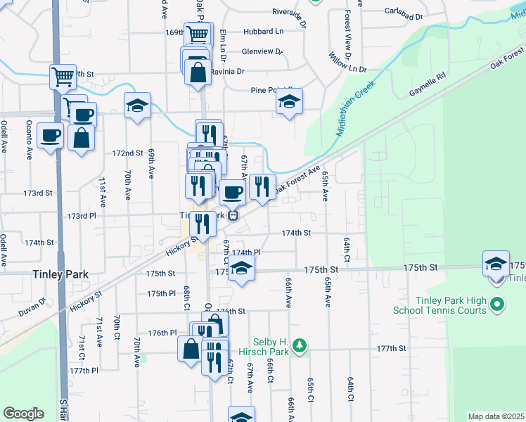 map of restaurants, bars, coffee shops, grocery stores, and more near 6669 Tinley Park Drive in Tinley Park