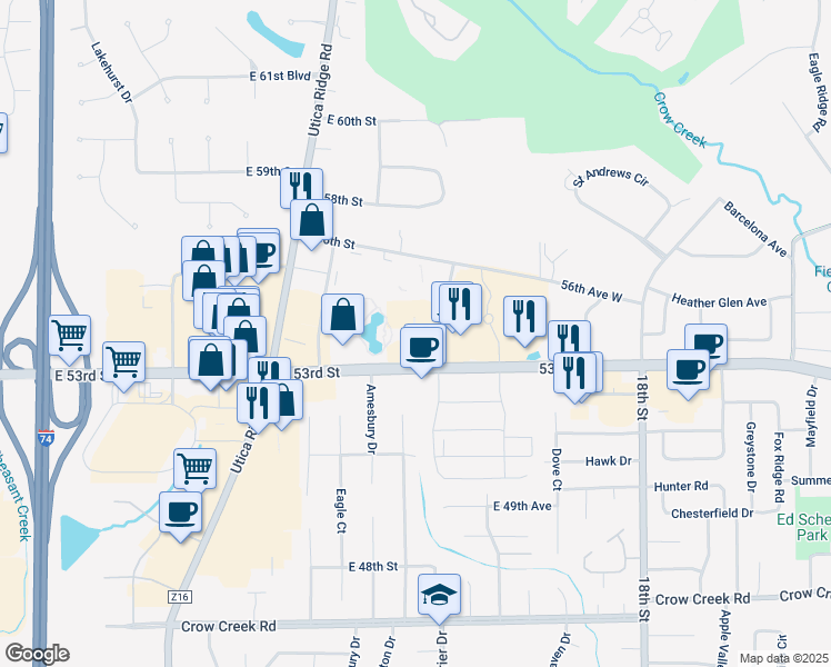 map of restaurants, bars, coffee shops, grocery stores, and more near 4400 East 53rd Street in Davenport