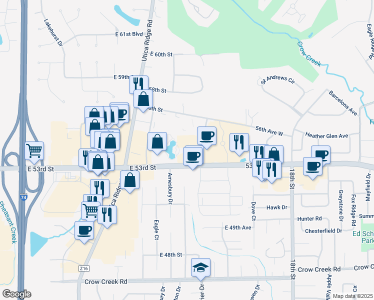 map of restaurants, bars, coffee shops, grocery stores, and more near 4400 East 53rd Street in Davenport