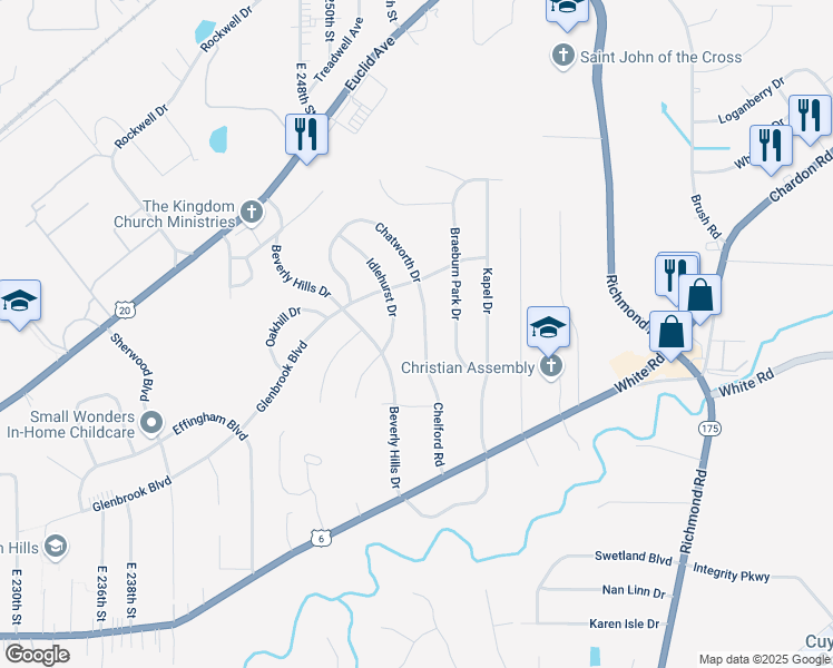 map of restaurants, bars, coffee shops, grocery stores, and more near 25555 Chatworth Drive in Euclid