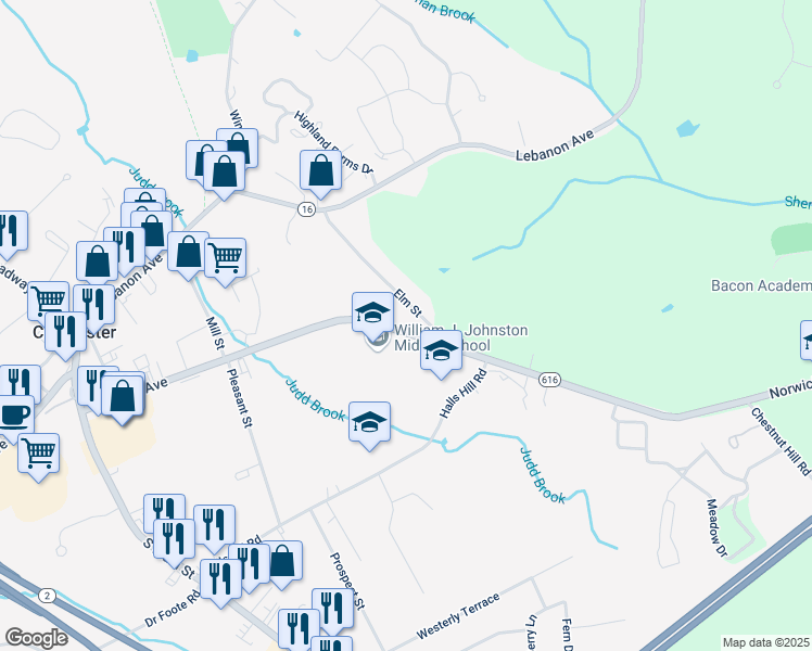 map of restaurants, bars, coffee shops, grocery stores, and more near 360 Norwich Avenue in Colchester