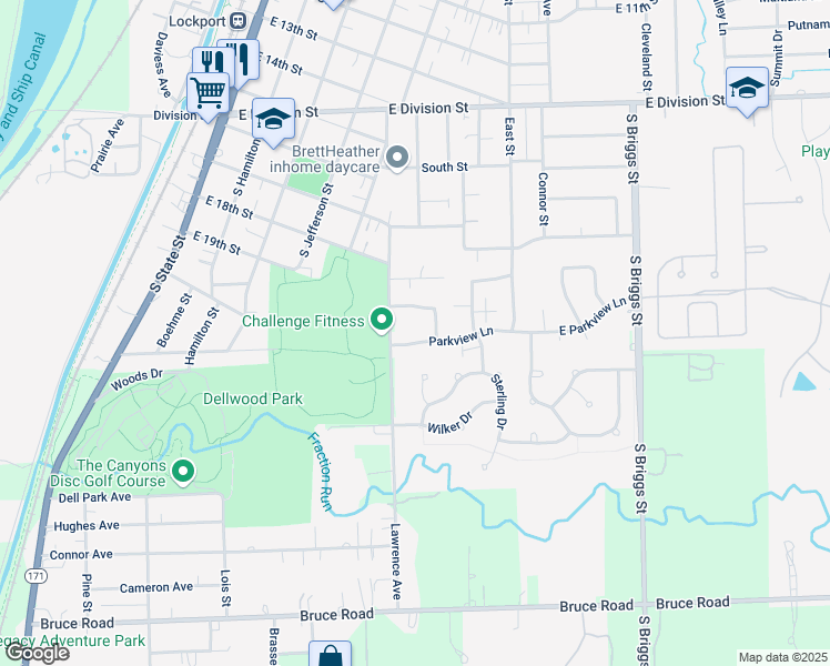 map of restaurants, bars, coffee shops, grocery stores, and more near 533 Parkview Lane in Lockport