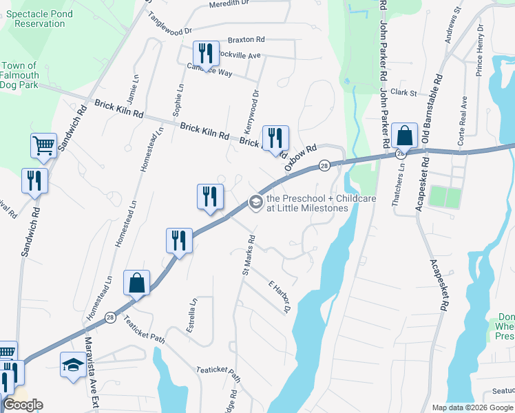 map of restaurants, bars, coffee shops, grocery stores, and more near 805 Teaticket Highway in Falmouth
